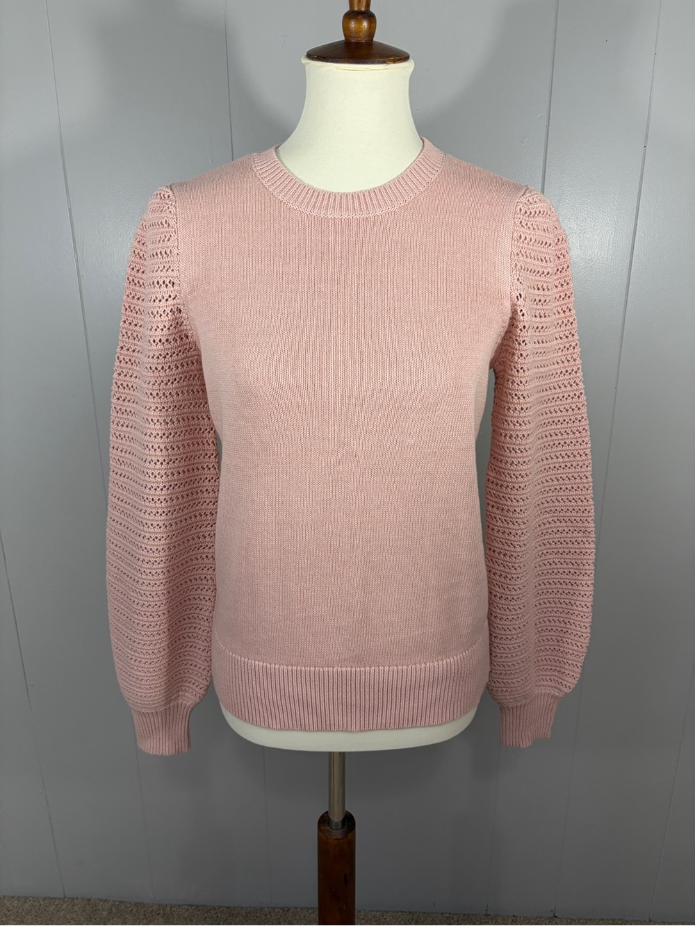 LOFT Blush Pink Crewneck Sweater with Eyelet Puff Sleeves